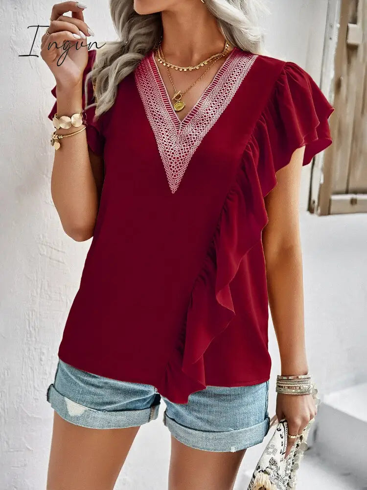 Ingvn - Short sleeved shirt for women's summer 2023 temperament commuting V-neck ruffle top