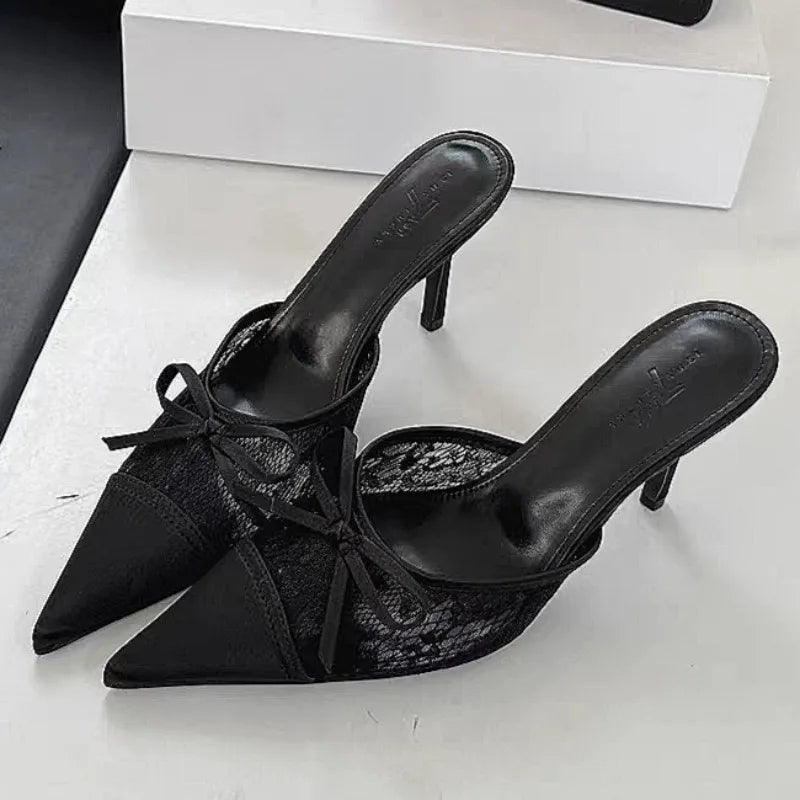 Bow Mesh Lace High Heels Slippers Pointed Toe Women Sandals Mules Shoes 2025 New Summer Trend Dress Pumps Sexy Sandalias Mujer