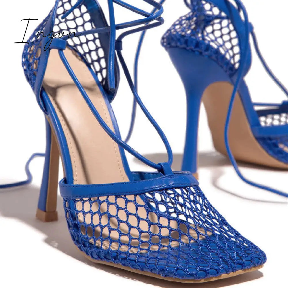 Ingvn - Fishnet Squared Toe Lace Up Heels