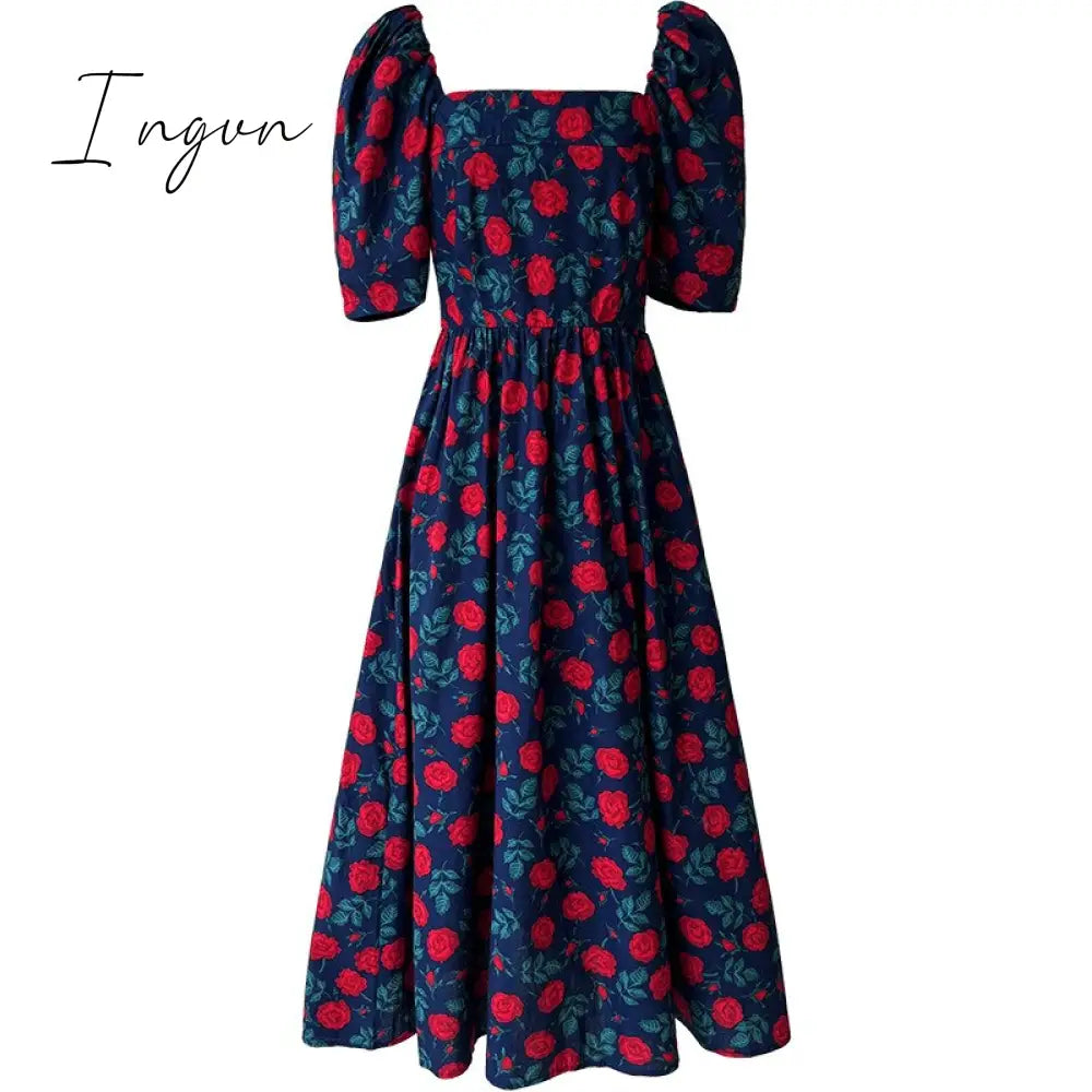 Ingvn - 2023 Trends Dress Rose Print Square Neck Long Dress Summer Mid Length Sweet elegant casual
