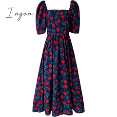 Ingvn - 2023 Trends Dress Rose Print Square Neck Long Dress Summer Mid Length Sweet elegant casual
