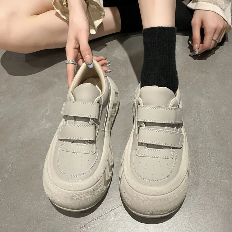 Ingvn  New Women's Vulcanized  Casual Sports Shoes Thick Sole Velcro Solid Color Women Shoes Flat Bottom Round Toe Low Top Shoes