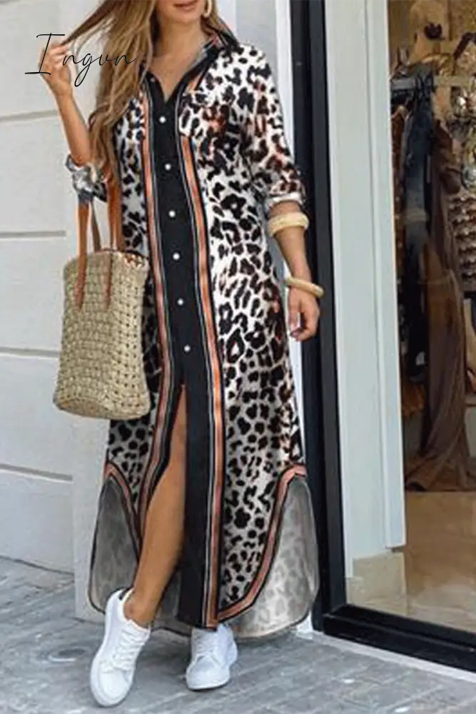 Ingvn - Casual Print Patchwork Turndown Collar Shirt Dress Dresses