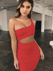 Ingvn - Dress Women Fashion Mini Solid Casual Sleeveless Hollow Out Sexy One-Shoulder Sheath Dress Women Dresses Vestidos