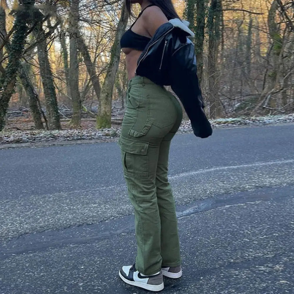 Ingvn - Straight Leg Cargo Pants Women High Waist Casual Baggy Pants Slim Vintage Y2k Streetwear Elastic Wide Leg Trousers Fashion Jeans