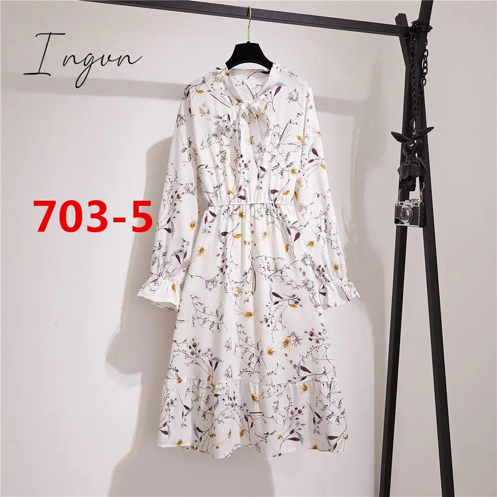Ingvn - 11 Style Beautiful Fashion Summer Women Long Sleeve Dress Retro Collar Casual High Waist Dresses Floral Print Chiffon Clothing
