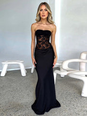 Lace See Through Strapless Sexy Maxi Dress Women Black Off-shoulder Backless Sleeveless Bodycon High Waist Long Dress
