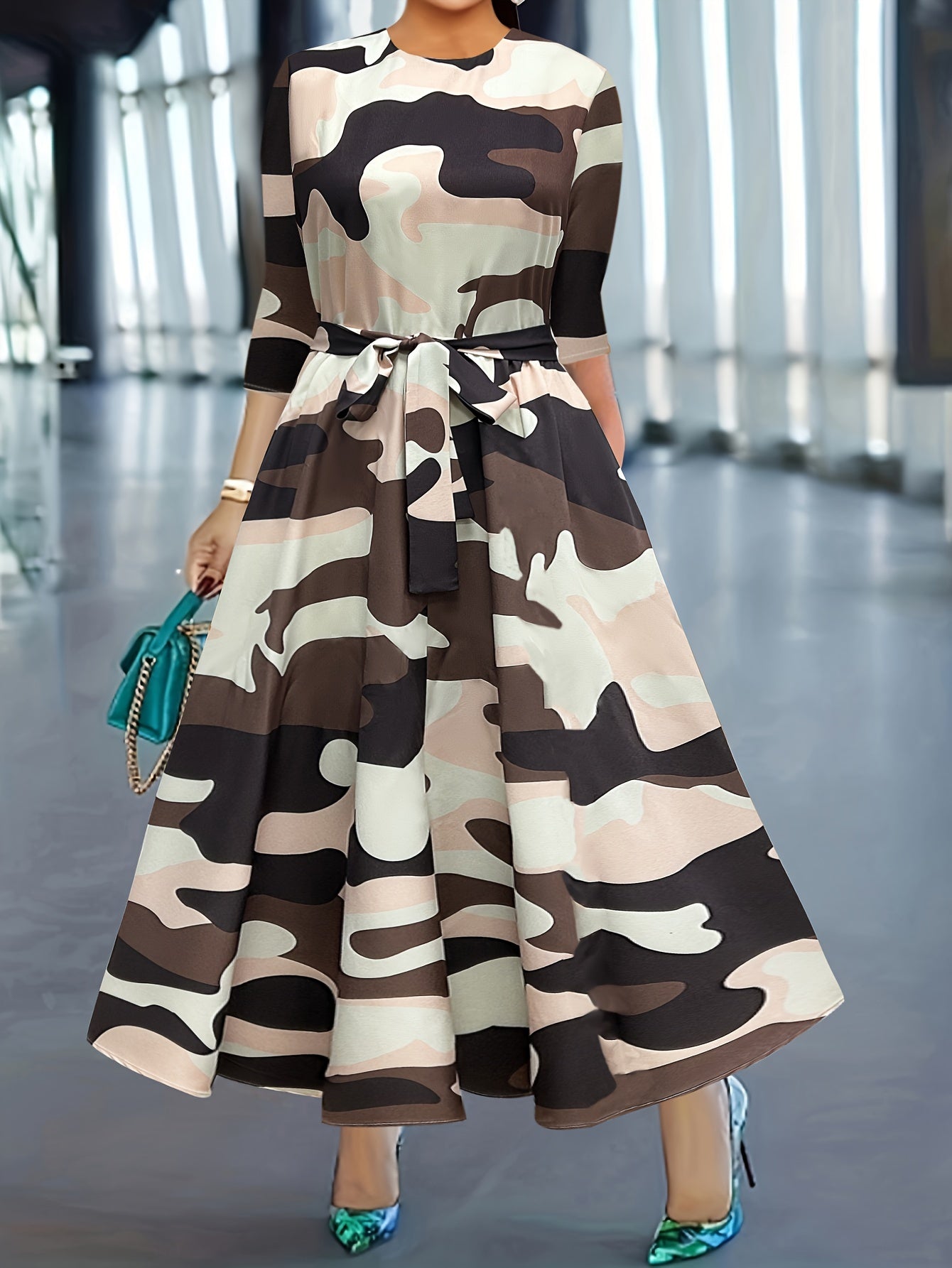 Stylish Geo Print Crew Neck Belted Dress - Elegant Half Sleeve Women's Dresses for Work, Formal Occasions, and Daily Wear - Soft, Comfortable, and Flattering Fit