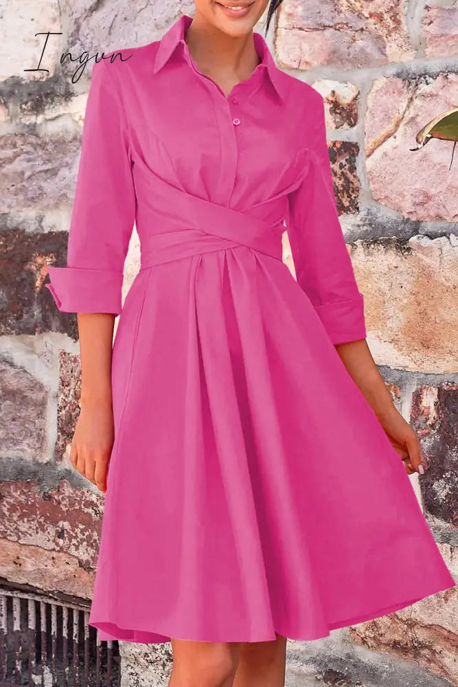 Ingvn - Elegant Solid Bandage Pocket Buttons Turndown Collar Shirt Dress Dresses