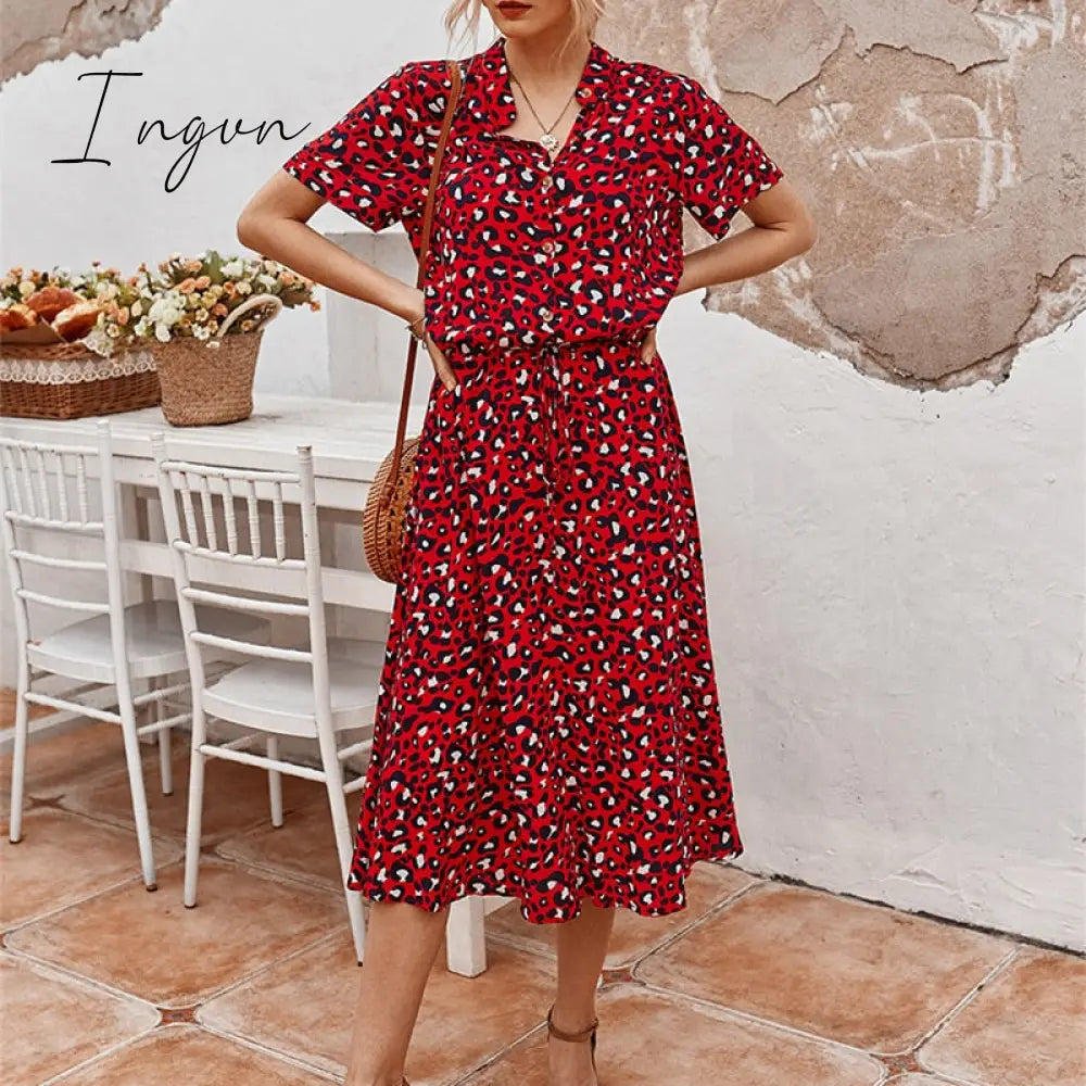 Ingvn - Ladies Bohemian Leopard Print Shirt Dress Women Casual Midi Holiday Summer Dress Female A-line Loose Women Beach Dress Vestidos