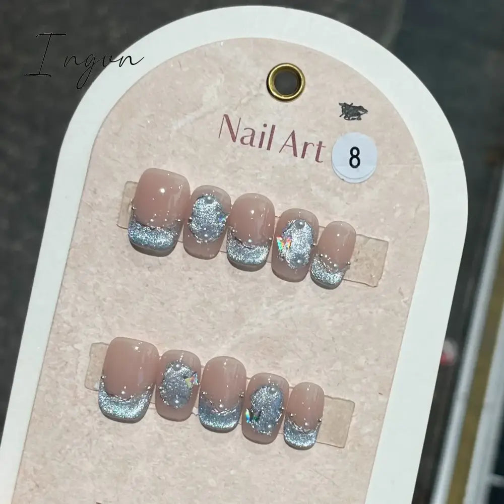 10Pcs Glitter Short Handmade Press On Nails Fake Nails Full Cover Cat Eye Square Head Artificial Manicure Wearable Nail Tips Art
