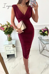 Ingvn - Sexy Solid Split Joint V Neck Pencil Skirt Dresses(4 Colors)
