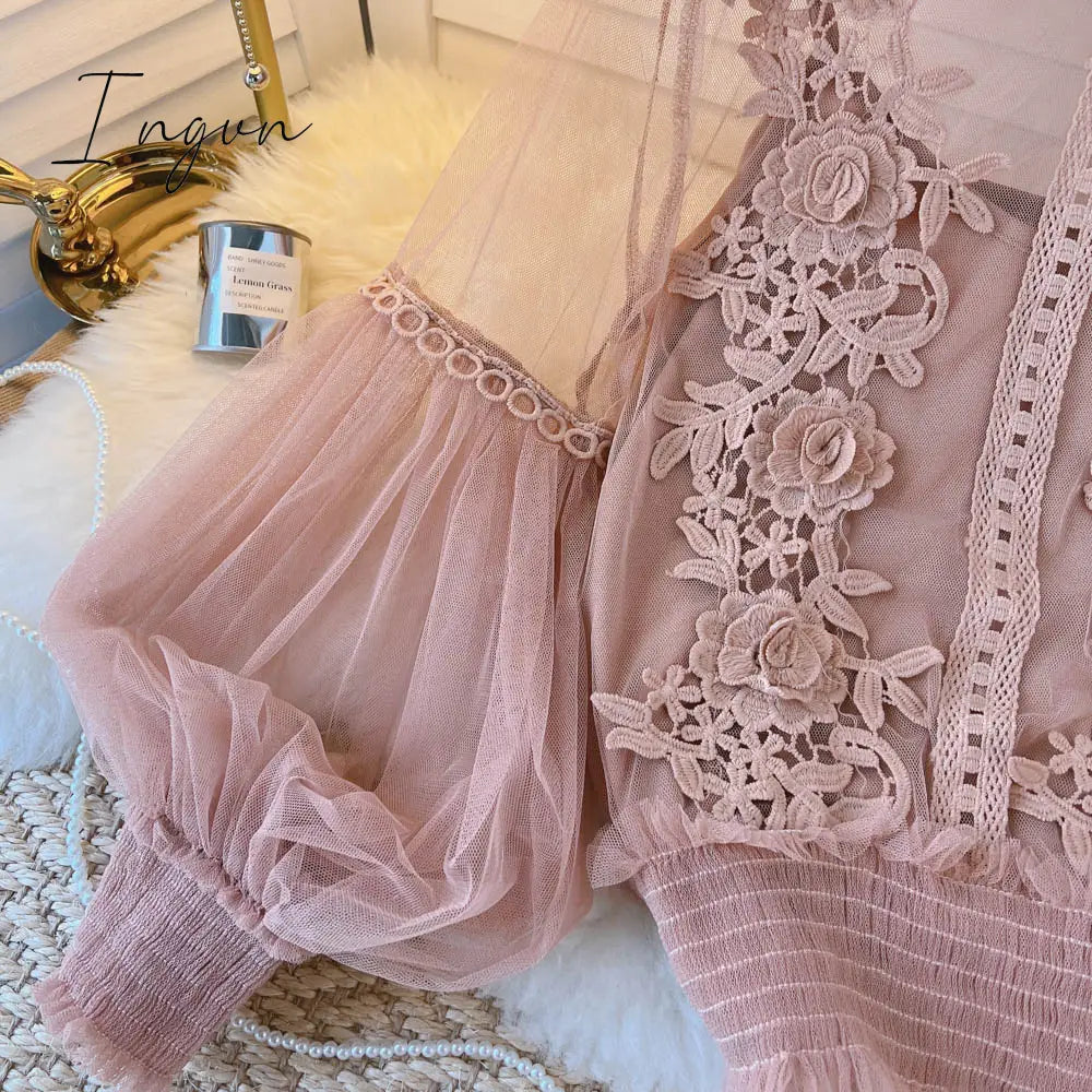 Ingvn - spring Women Mesh Tops Fashion Sexy Sheer Lace Blouse Lantern Sleeve 3D Floral Blouses Shirts Elegant Top Blusas Femininas