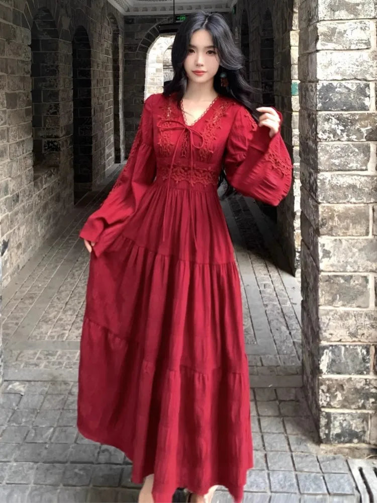 Autumn Elegant Red Hollow Out Evening Dresses for Women V-Neck Lace-up Long Sleeve A-Line Vestidos Vintage Party Dress Long Robe