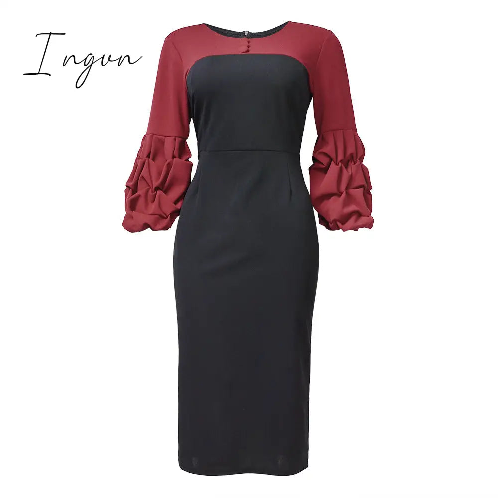 Ingvn - puff sleeve women patchwork dress autumn  bodycon dresses elegant office lady work midi dresses femme vestiods plus size 4xl