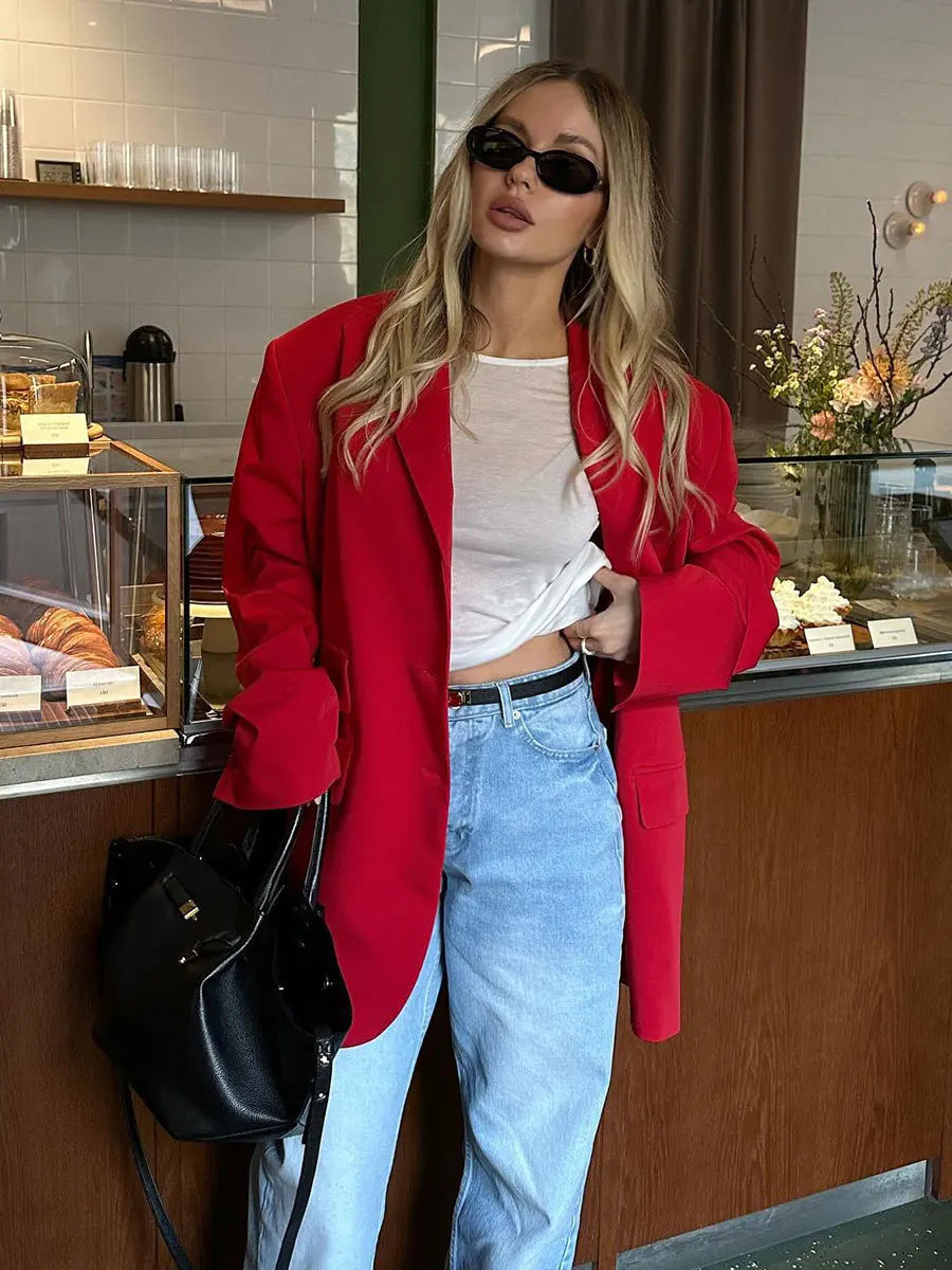 Ingvn  Women's Red Suit Temperament Shoulder Pads Loose Coat Collar Pocket Casual Cardigan Fashion Office Ladies Suit Jacket