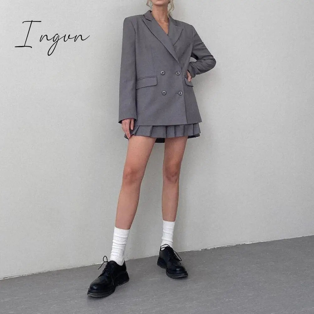 Ingvn - Suits and Pleated Skirts 2 Piece Set Women Spring Autumn Elegant Solid Outfits Sets Female Office Ladies Blazer Suit