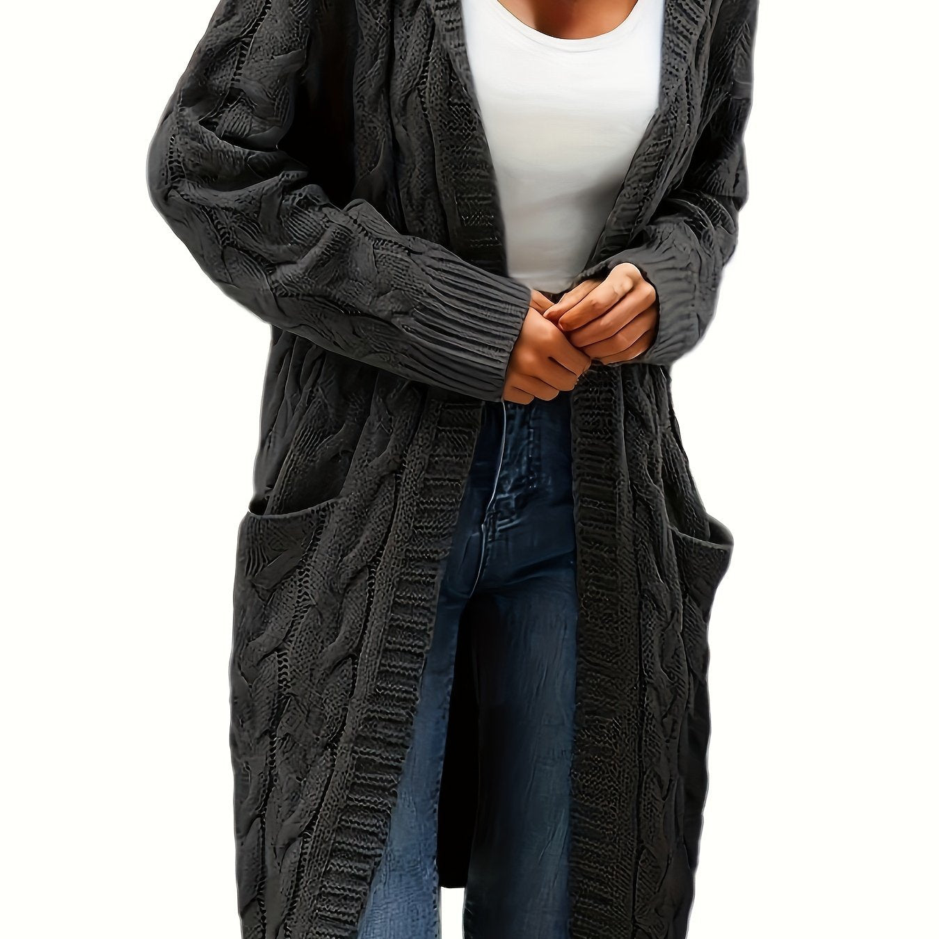 Solid Open Front Cable Knit Hooded Cardigan, Casual Long Sleeve Mid Length Sweater With Pocket, Women's Clothing