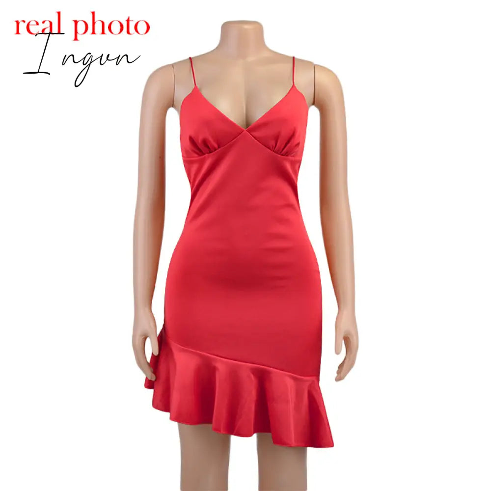 Ingvn - Spaghetti Straps Ruffles Mini Dress Club Party Elegant Sleeveless Slip Women's Summer Sundress Outfits Holiday