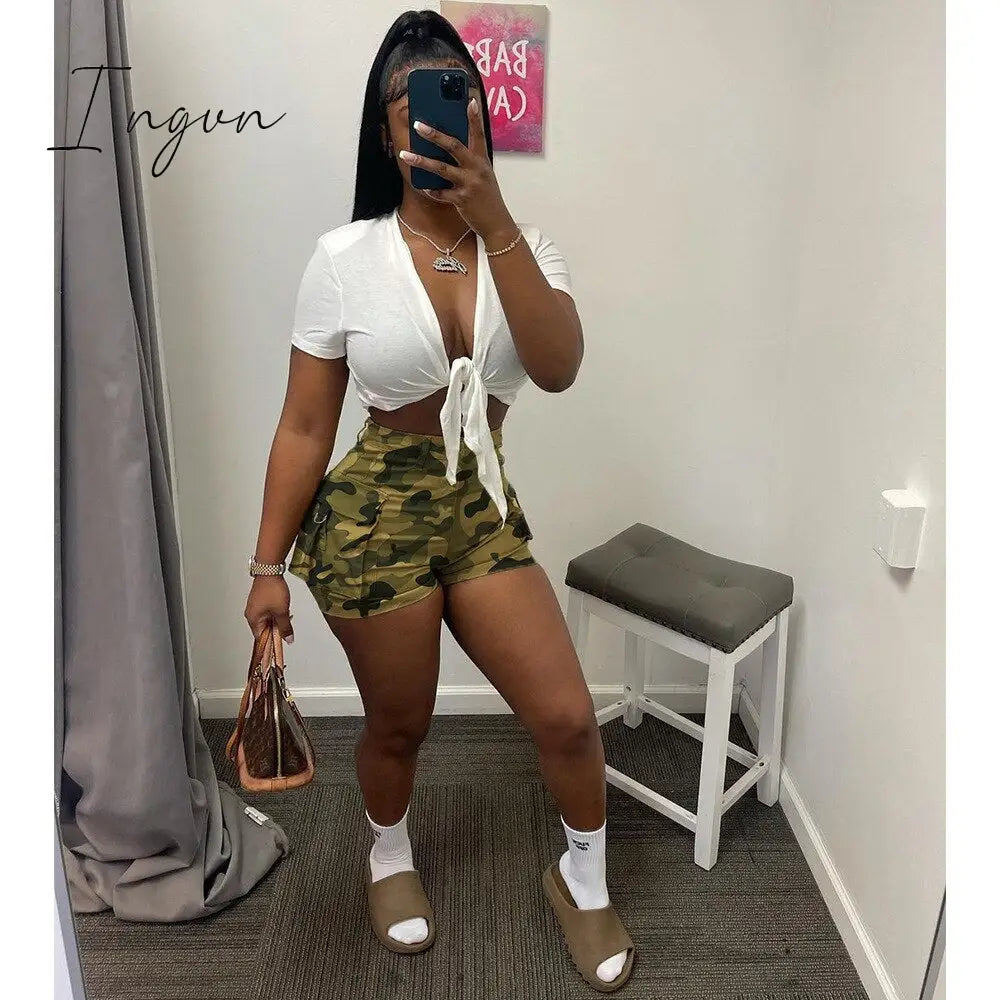Ingvn - Summer Hight Waist Pockets Camouflage Print Camo Shorts Women Casual Sexy Cargo Shorts Streetwear Short Pants Women