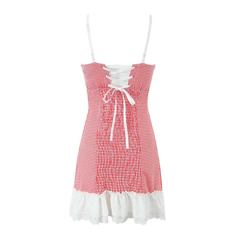 Summer Women White Patchwork Red Plaid Sling Mini Dress Sexy Thin Straps Lace Up Back A-line Party Dresses Holiday Robe
