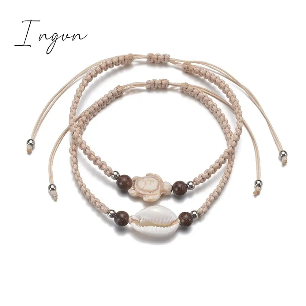 2pcs/set Fashion Boho Turquoise Sea Turtle Shell Woven Adjustable Anklet for Women Niche Design Beach Vacation Jewelry Gifts