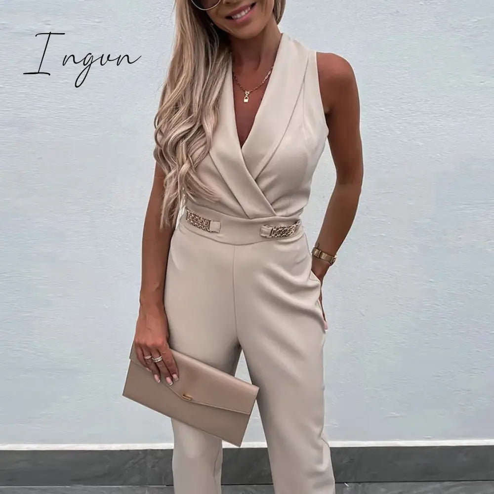 Ingvn - New Solid Casual Women Summer Jumpsuits V-Neck Lace-Up Sleeveless Wide Leg Pants Button Ladies Bodysuits Streetwear