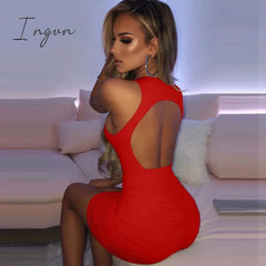 Ingvn - Sexy Hollow Out Backless Party Dresses Summer Women Sleeveless O-Neck White Tank Dress Lady Ruched Bodycon Mini Black Dress