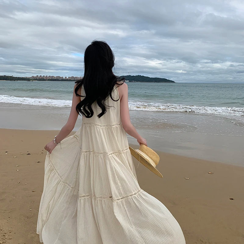 Elegant Chic Striped Chiffon Midi Dresses for Women Summer Beach Sleeveless Openwork Patchwork Bow Loose Casual Female Clothing