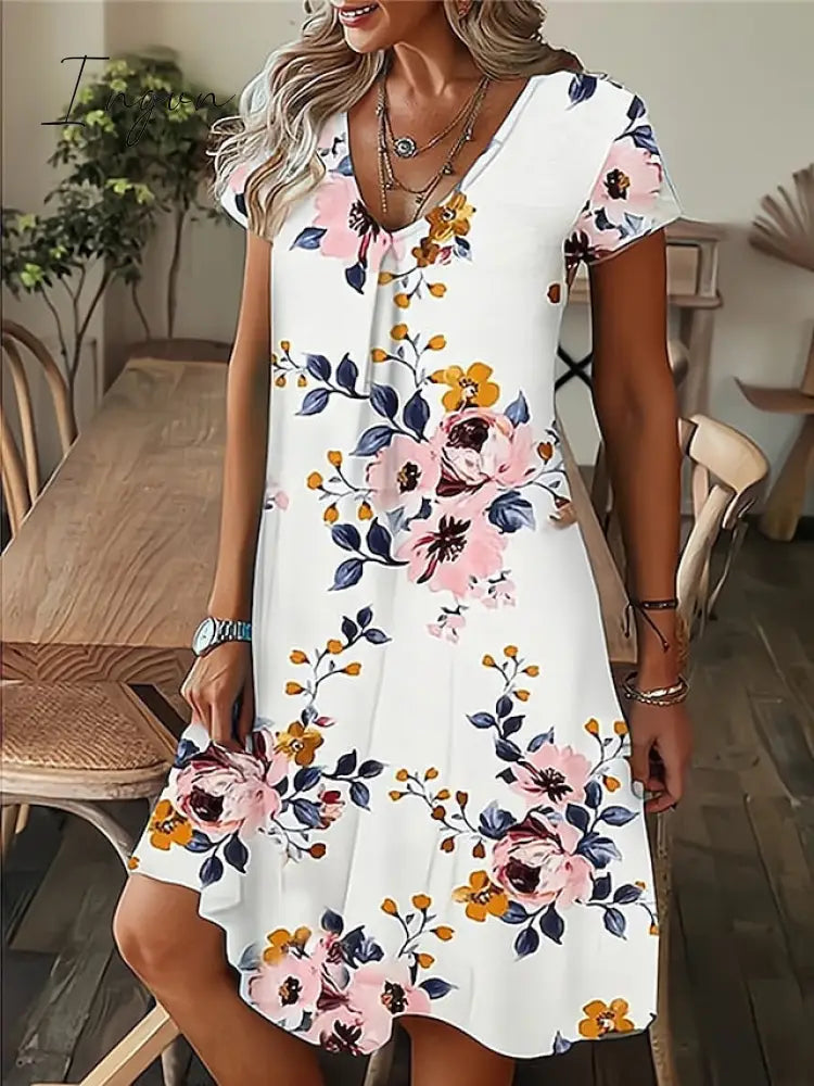 Ingvn - Women's Casual Dress Summer Dress Print Dress Leaf Floral Print V Neck Midi Dress Fashion Modern Outdoor Daily Short Sleeve Regular Fit Black White Yellow Summer Spring S M L XL XXL