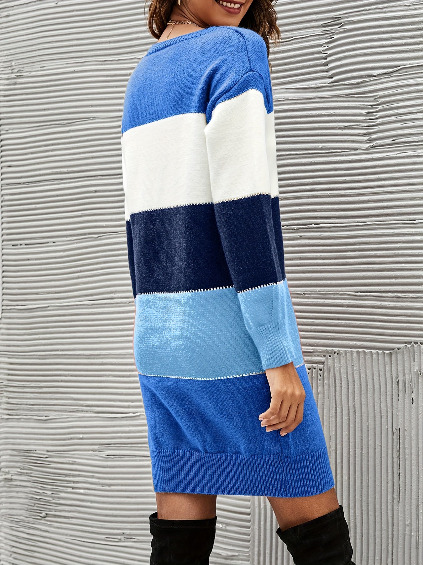 Long Sleeve Casual Color Block Simple Dress, Women's Crew Neck Clothing