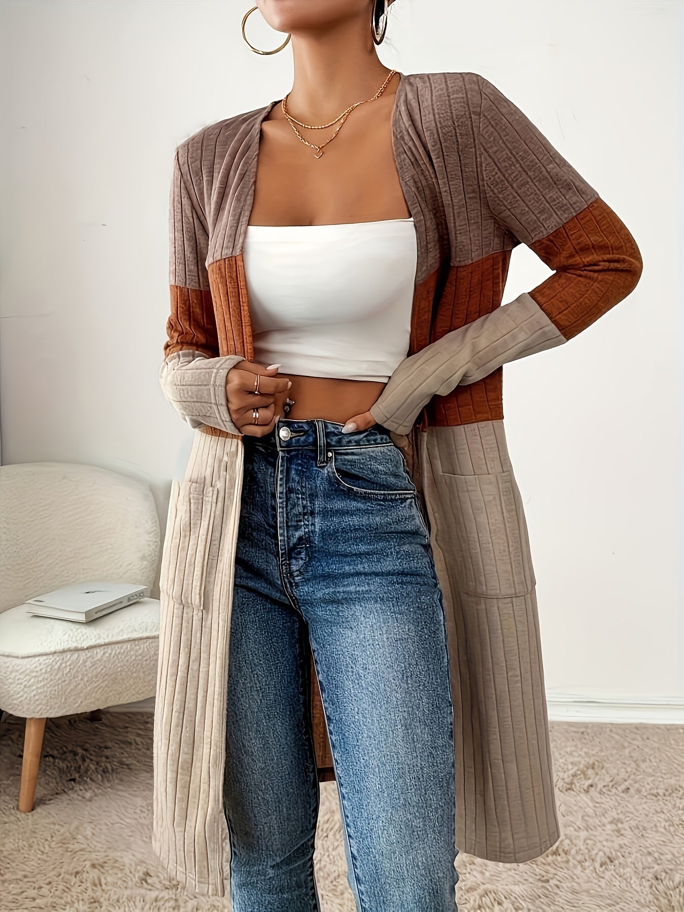Elegant Women's Color Block Long Sleeve Jacket - Casual Chic, Open Collar with Pockets, Machine Washable - Perfect for Fall