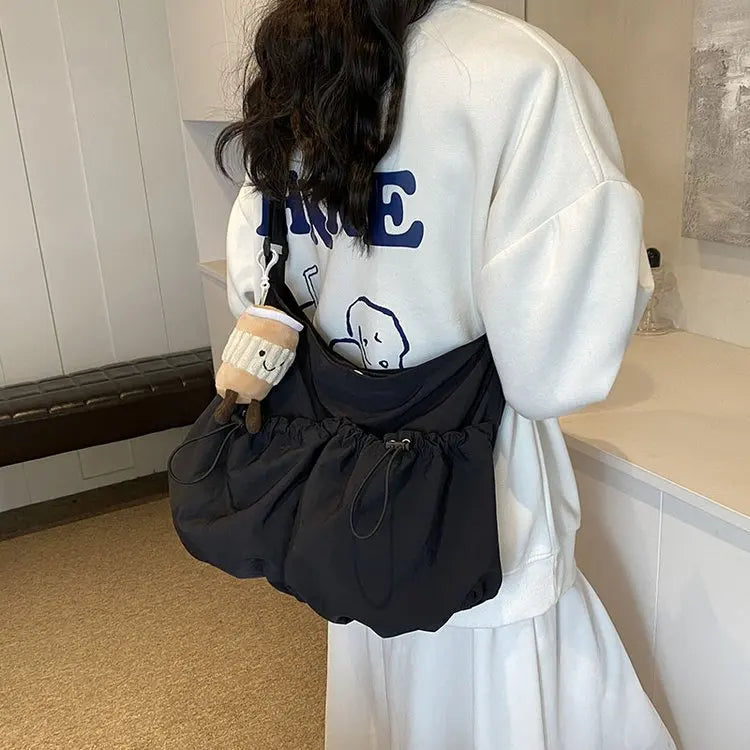 Ingvn  New Pleated Casual Crossbody Bag Student Nylon Shoulder Bag Fashionable Commute Car Stitching Hobo Bag
