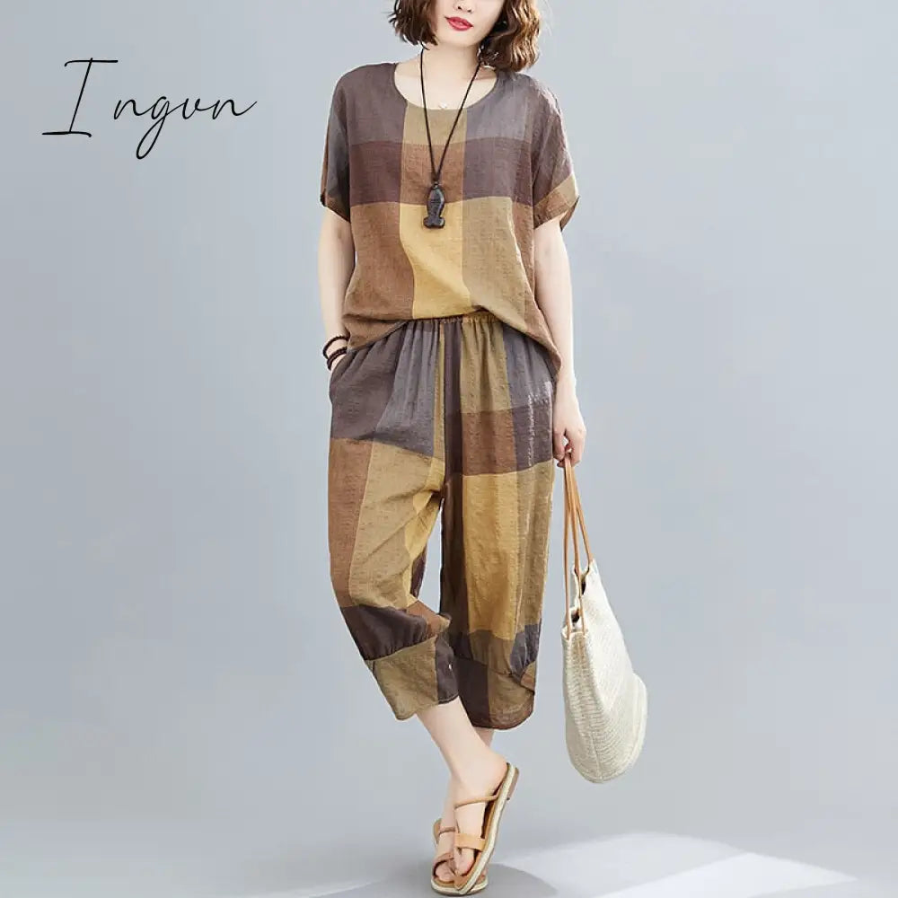 Ingvn - Thin Soft Cotton Linen Loose Women Clothes Set Tops Harem Pants Two Piece Casual Set Vintage Plaid Lady Summer Fashion Set Suits