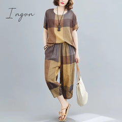 Ingvn - Thin Soft Cotton Linen Loose Women Clothes Set Tops Harem Pants Two Piece Casual Set Vintage Plaid Lady Summer Fashion Set Suits