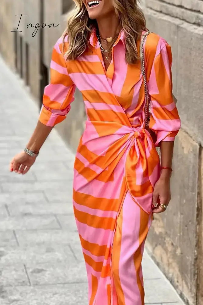 Ingvn - Fashion Print Split Joint Turndown Collar Shirt Dress Dresses(3 colors)