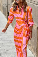 Ingvn - Fashion Print Split Joint Turndown Collar Shirt Dress Dresses(3 colors)