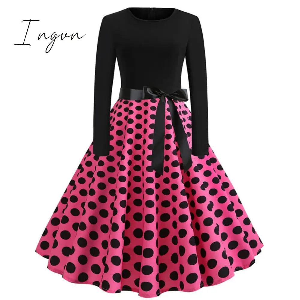 Ingvn - Winter Christmas Dresses Women 50S 60S Vintage Robe Swing Pinup Elegant Party Dress Long Sleeve Casual Plus Size Print Black