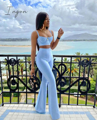 Ingvn - Set 2 Pieces Strap Sleeveless Bustiers And Long Bell-Bottoms Trousers Sexy Celebrity Party Sheath Vestidos  Dobanmbd