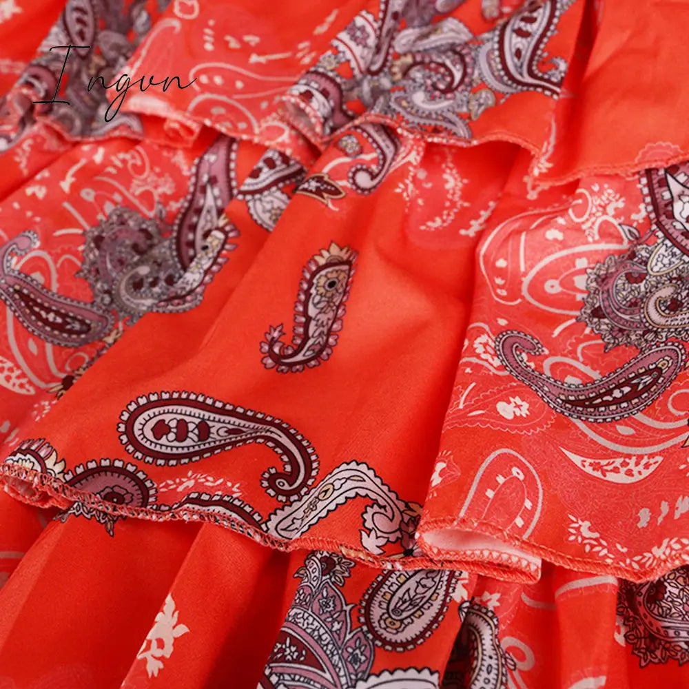 Ingvn - Women Printed Dresses Long Sleeves Bowtie Cake Dress Female Ruffles Pleated Africn Fashion Lovely Date Sweet Vestidos Plus Size