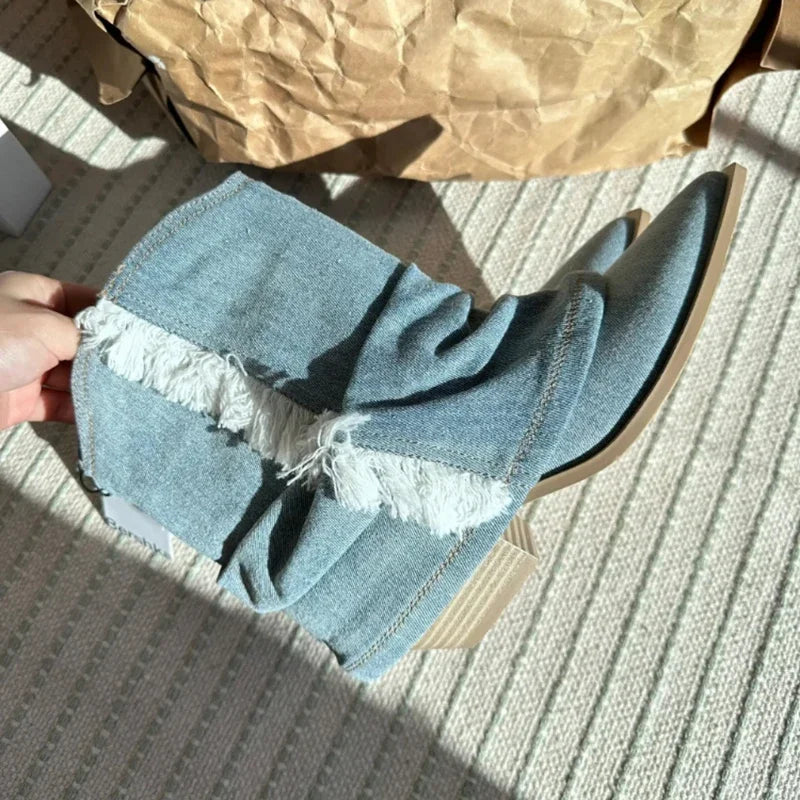 Ingvn  Pointed Toe Denim Women Western Cowboy Boots Fashion Slip On Short Booties Retro Style Autumn Winter Female Shoes