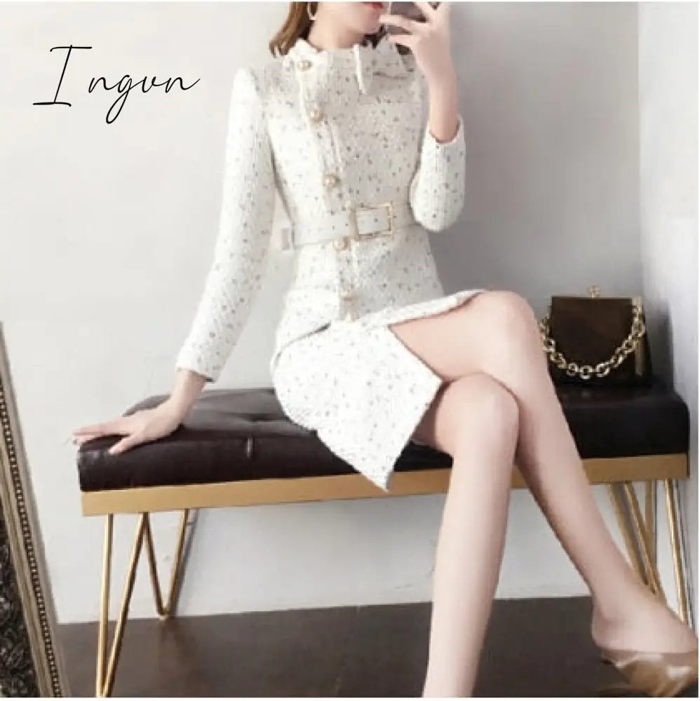 Ingvn - New Arrival Autumn And Winter Runway Women Elegant Tweed Dress Bow Collar Long Sleeve Female Fashion Chic Vestidos