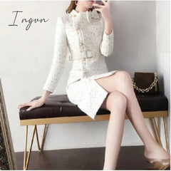 Ingvn - New Arrival Autumn And Winter Runway Women Elegant Tweed Dress Bow Collar Long Sleeve Female Fashion Chic Vestidos