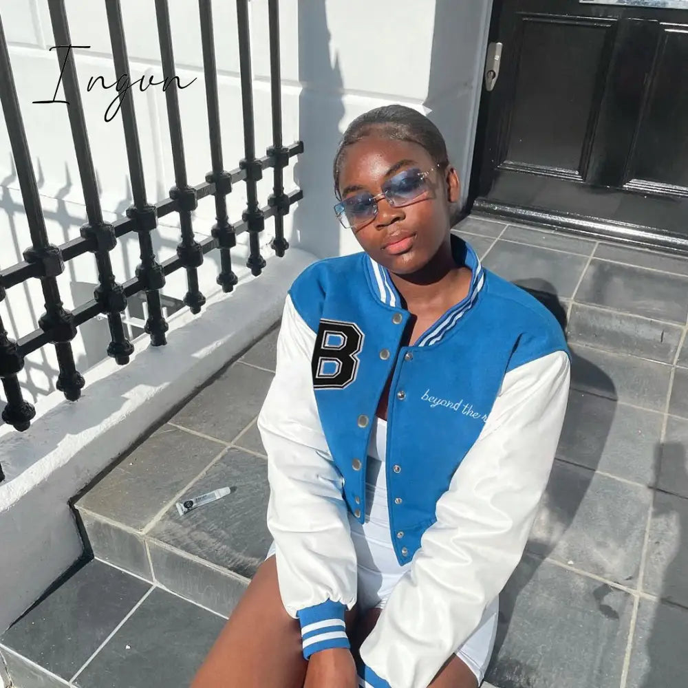 Ingvn - Letter Print Red Color Patchwork Short Bomber Jacket Women Cropped Baseball Jacket For Women Autumn Long Sleeve Loose Jacket