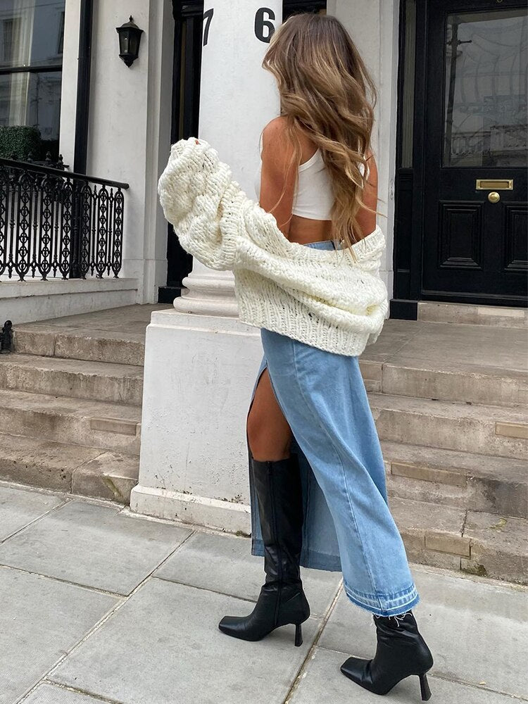 Tassel Trimmed Women Elegant Straight Slit Maxi Denim Skirt Spring Summer Fashion Cotton Pockets Fashion Long Skirt