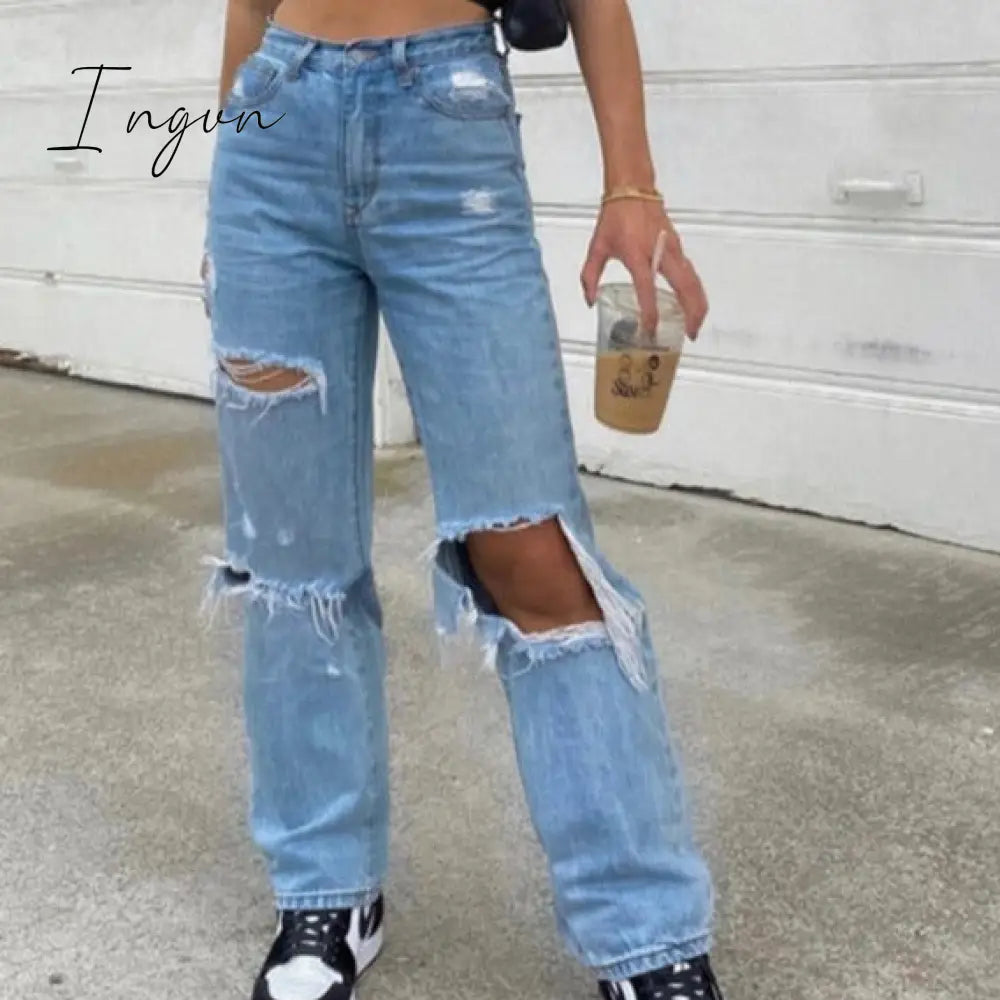 Ingvn - Baggy Jeans Straight Leg Ripped Jeans For Women Fashion Loose High Streetwear Women High Waist Pants Hole Boyfriend Trousers