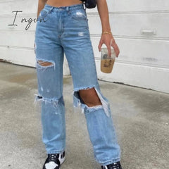 Ingvn - Baggy Jeans Straight Leg Ripped Jeans For Women Fashion Loose High Streetwear Women High Waist Pants Hole Boyfriend Trousers
