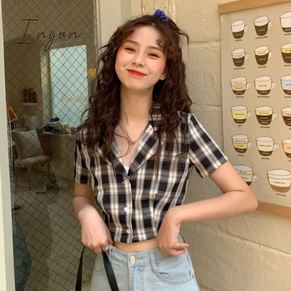 Ingvn - Summer blouse women vintage crop shirt streetwear plaid ladies tops elegant button up shirt korean crop top red