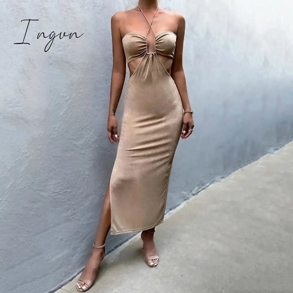 Ingvn - Sexy Hollow Out Corset Maxi Dress Party Dress Women Halter Cut Out  Wrap Split Long Dresses Summer Backless Clubwear Midi Robe