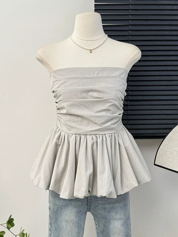 French One Shoulder Pleated Slim Tube Top Women Sexy Waist Ruffled Sleeveless Vests Summer Y2k Solid All Match Tanks
